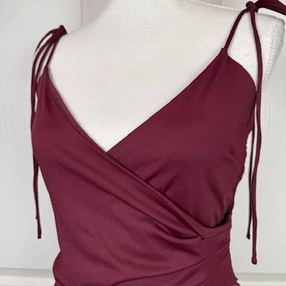 Blue Blush Strappy Mini Dress Wrap Look Adjustable Straps Wine Burgundy Medium - Picture 3 of 12